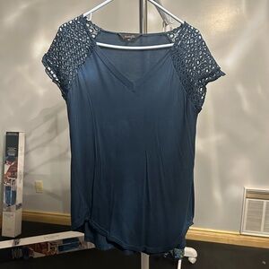 Amaryllis Teal V-Neck Crochet Sleeve Blouse